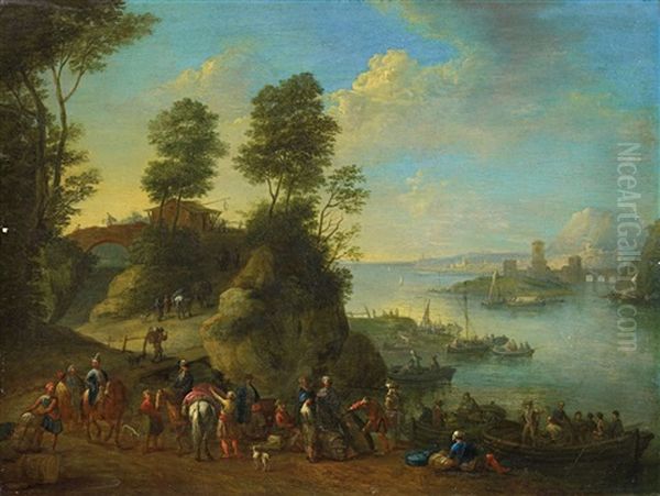 Flusslandschaft Mit Reitern Un Booten Oil Painting by Jan Frans van Bredael the Elder