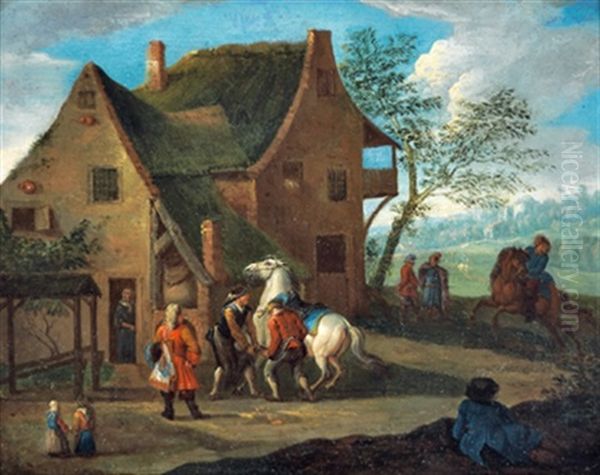Ein Schimmel Wird Vor Der Schmiede Beschlagen Oil Painting by Jan Peter van Bredael the Elder