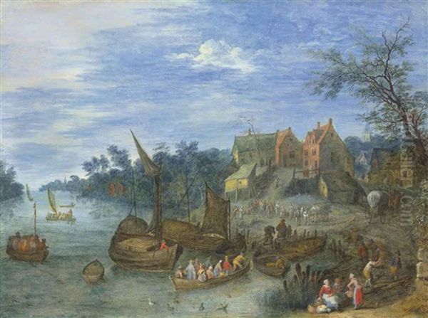A River Landscape With Boats By A Village Oil Painting by Joseph van Bredael