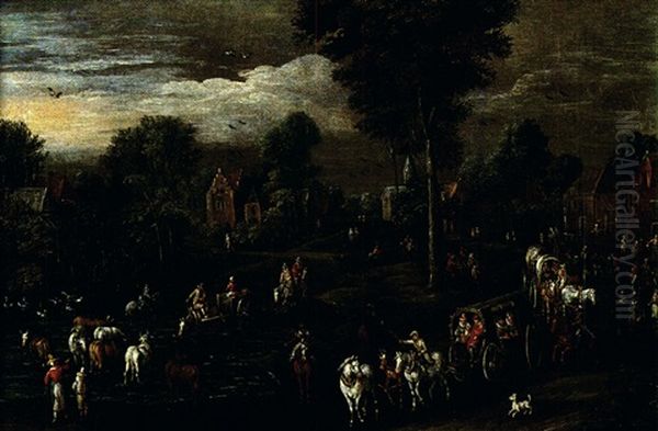 Vue D'un Village Flamande Pres D'une Riviere, Animee De Paysans Et De Carrioles Oil Painting by Joseph van Bredael