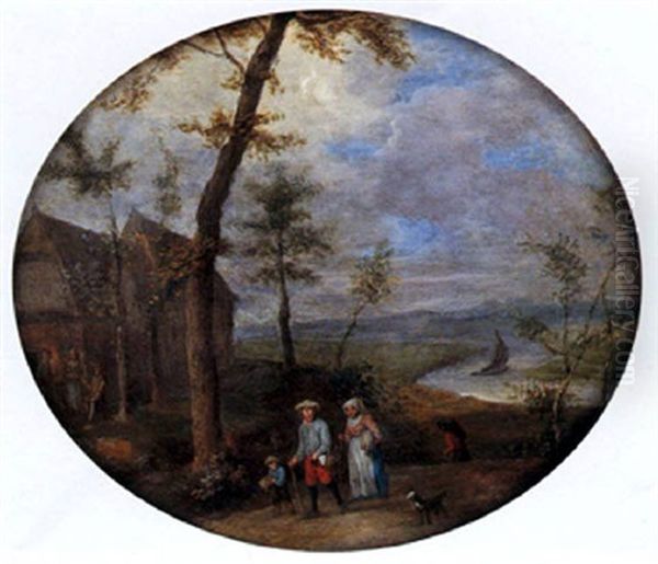 Famille De Paysans Sur Un Chemin Pres D'une Riviere Oil Painting by Joseph van Bredael