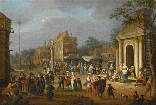 A Busy Market Scene Amongst Classical Ruins Oil Painting by Peeter van Bredael