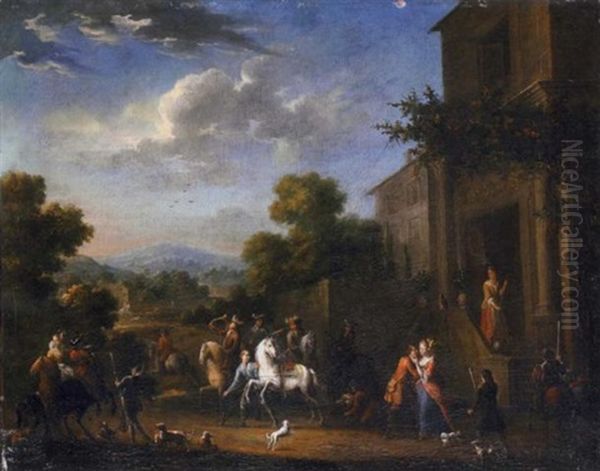 The Courtyard Of An Elegant Mansion With Figures Departing For The Hunt Oil Painting by Peeter van Bredael