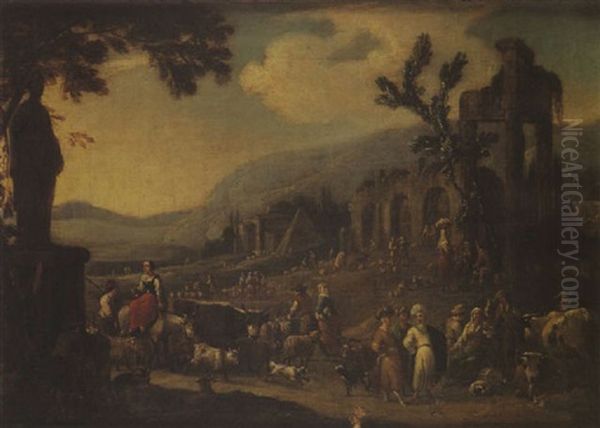 Scene De Marche Dans Des Ruines Antiques Oil Painting by Peeter van Bredael