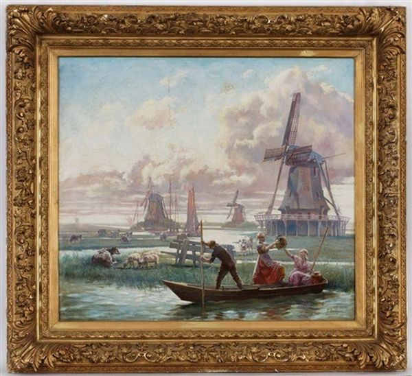 Paysage De Campagne Hollandais Avec Paysans Et Animaux Oil Painting by Paul Henri Breham