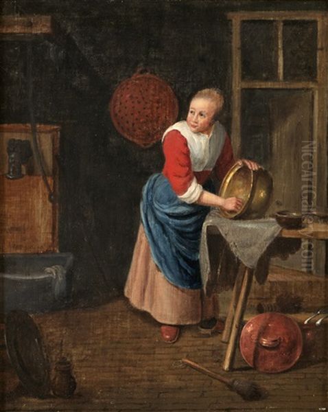 Koksinterior Kvinna Putsande Massingskittel Oil Painting by Quiringh Gerritsz van Brekelenkam