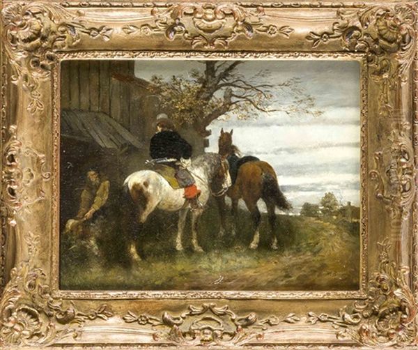 Herr Zu Pferde Auf Einem Schimmel Vor Einem Gehoft Rastend Oil Painting by Heinrich Breling