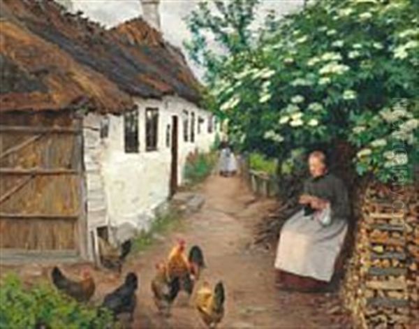 June Day With A Peasant Woman Knitting Under The Elder Tree In Bloom Oil Painting by Hans Andersen Brendekilde