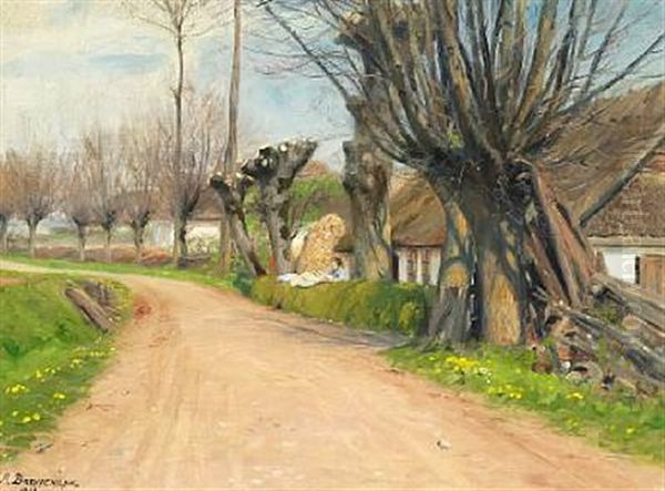 Spring Day In The Village Oil Painting by Hans Andersen Brendekilde