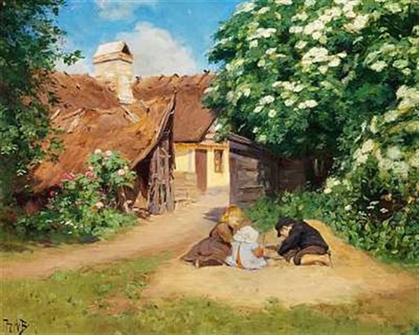 Sommerdag Med Tre Legende Born Ved En Gard Oil Painting by Hans Andersen Brendekilde