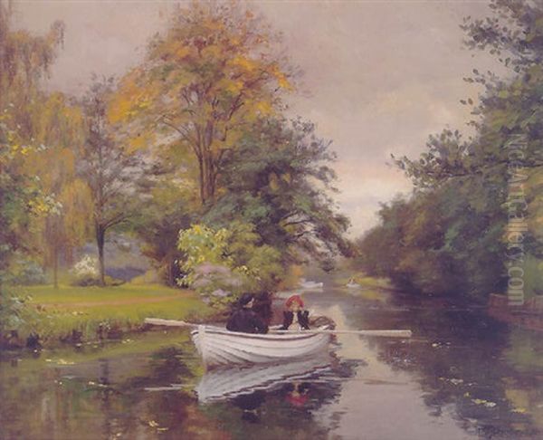 Sensommerdag Pa Odense A. I Forgrunden Pige Og Dreng I Hvid Robad Oil Painting by Hans Andersen Brendekilde