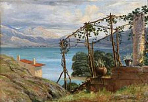 An Italian Landscape With A Pergola And View Over A Lake Oil Painting by Thorald Brendstrup