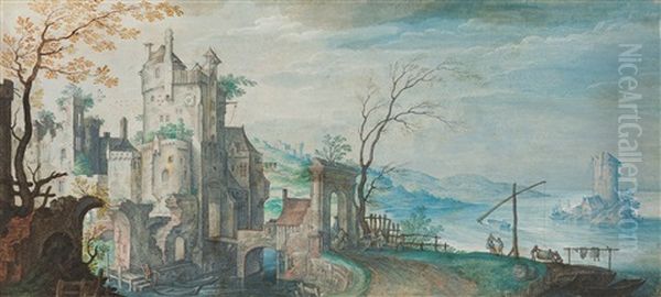 Landschaft Mit Einem Wasserschloss (after Claesz Jansz Visscher I) Oil Painting by Friedrich Brentel the Elder