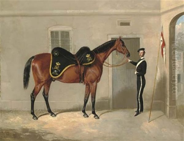 The Charger Of Henry Cavendish Taylor, 17th Lancers, Held By A Trooper Outside The Officers' Stables At Nottingham Oil Painting by Thomas W. Bretland