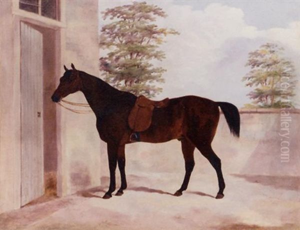 A Bay Hunter Outside A Stable Oil Painting by Thomas Walker Bretland