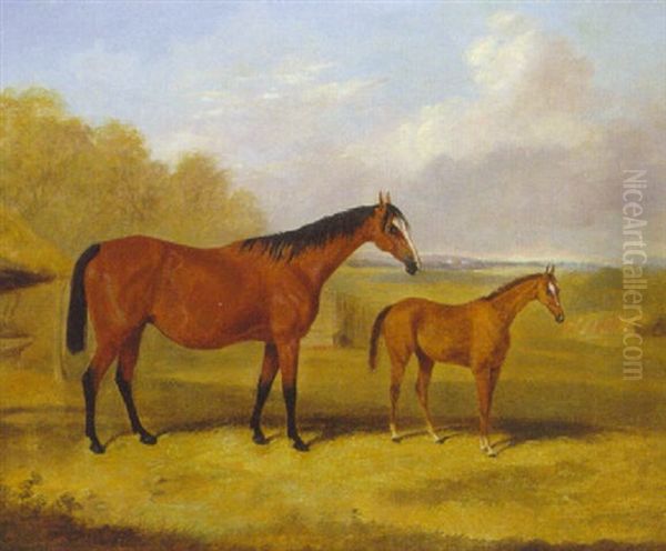 A Bay Mare With A Chestnut Foal In An Extensive Landscape Oil Painting by Thomas Walker Bretland
