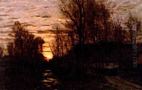 Sunset Landscape Oil Painting by Emile-Adelard Breton