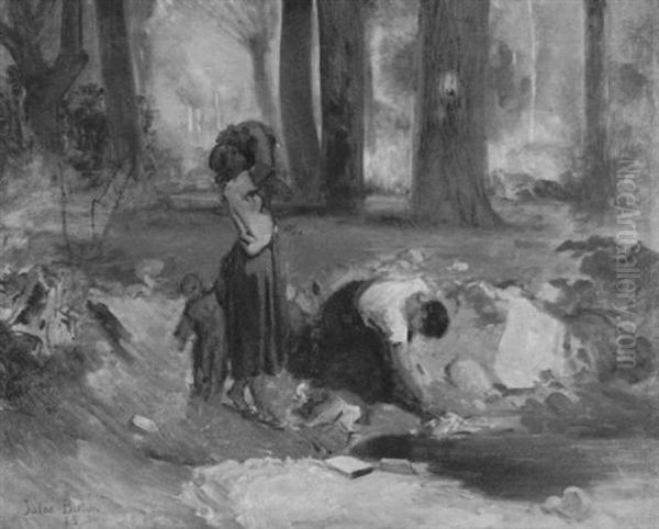 Washerwomen At A Woodland Pond Oil Painting by Jules Breton