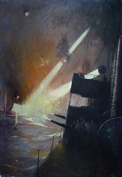 Ship Illuminating Another During Wwi Naval Engagement Oil Painting by Harold Matthew Brett