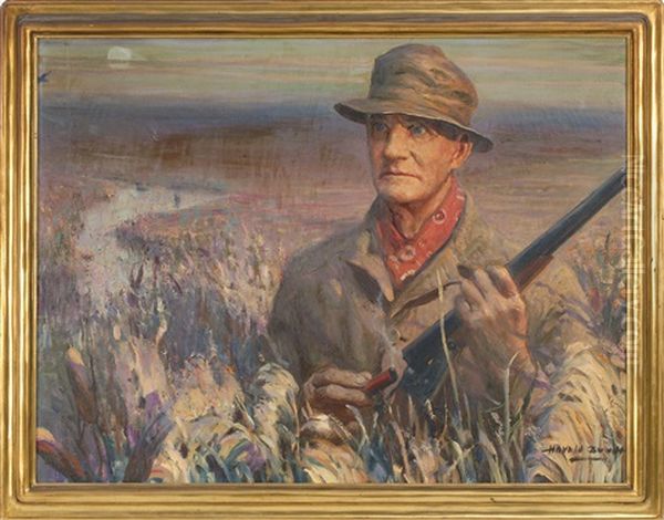 Portrait Of Hunter, Likely Leander Raymond, Holding A Recently Fired Winchester Model 21 Oil Painting by Harold Matthew Brett