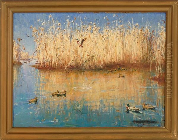 Ducks On A Pond Oil Painting by Harold Matthew Brett