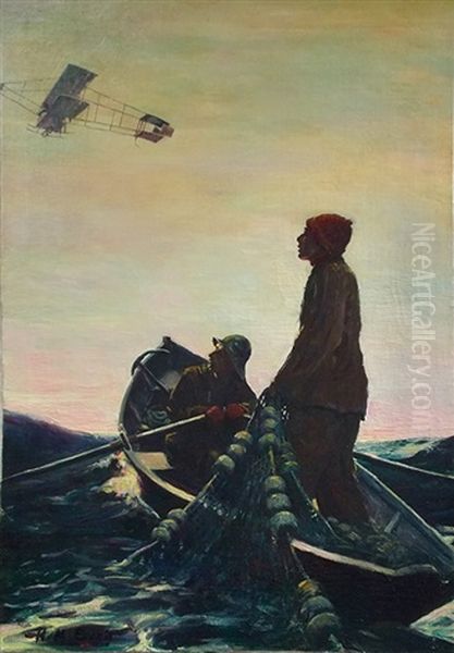Fishermen Watching Aeroplane Overhead (magazine Cover Illus. For 3/10/1911 Issue Of Popular Magazine) Oil Painting by Harold Matthew Brett
