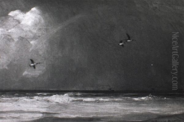 Geese Flying Offshore Below A Rainbow Oil Painting by Harold Matthew Brett