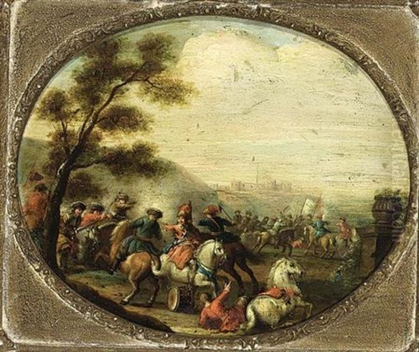 A Cavalry Battle Scene With A Fortified Castle Beyond Oil Painting by Karel Breydel
