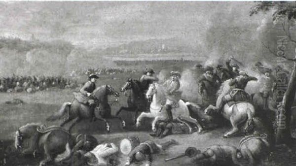 A Cavalry Engagement Oil Painting by Karel Breydel