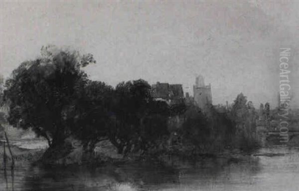 On The Banks Of The River, Thought To Be The River Yare, Norwich Oil Painting by Henry Bright