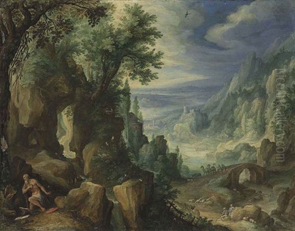 Saint Jerome Praying In A Rocky Landscape Oil Painting by Paul Bril