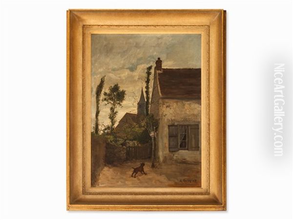 Village Lane With Dog Oil Painting by Henri Brispot