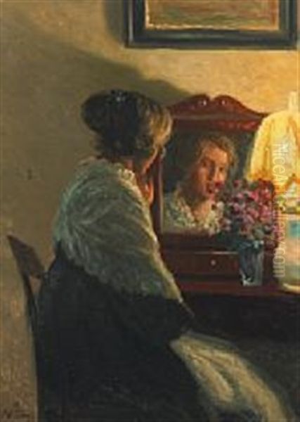 Interior With A Woman Looking In A Mirror Oil Painting by Karl Harald Alfred Broge