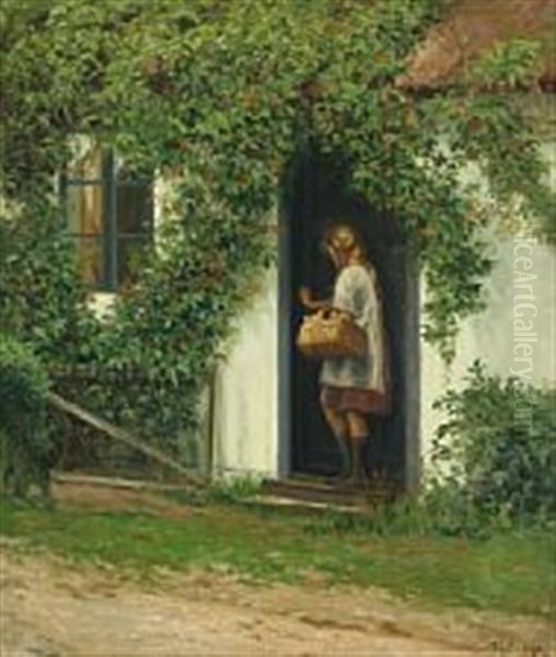 A Young Girl With A Basket Oil Painting by Karl Harald Alfred Broge