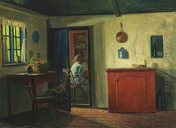 Kitchen Interior With A Woman Oil Painting by Karl Harald Alfred Broge