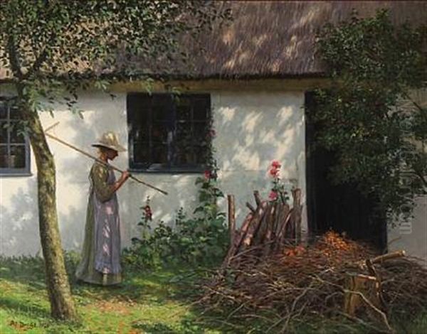 A Girl In Front Of A White Cottage Oil Painting by Karl Harald Alfred Broge