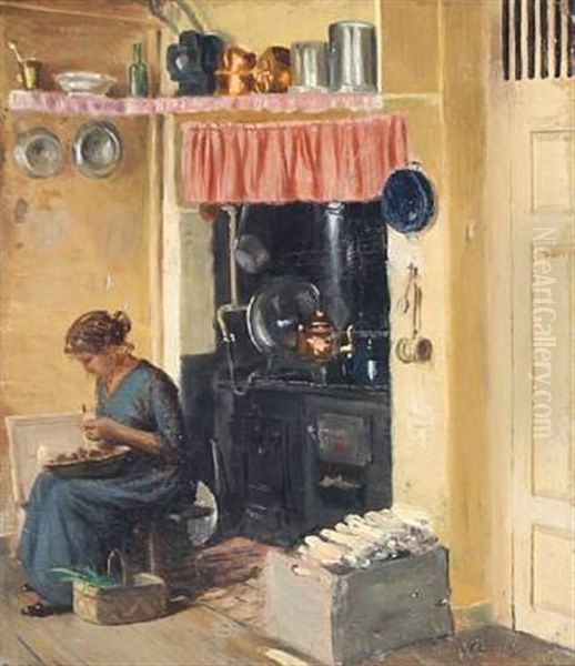 Kitchen Interior With A Woman Peeling Potatos Oil Painting by Karl Harald Alfred Broge