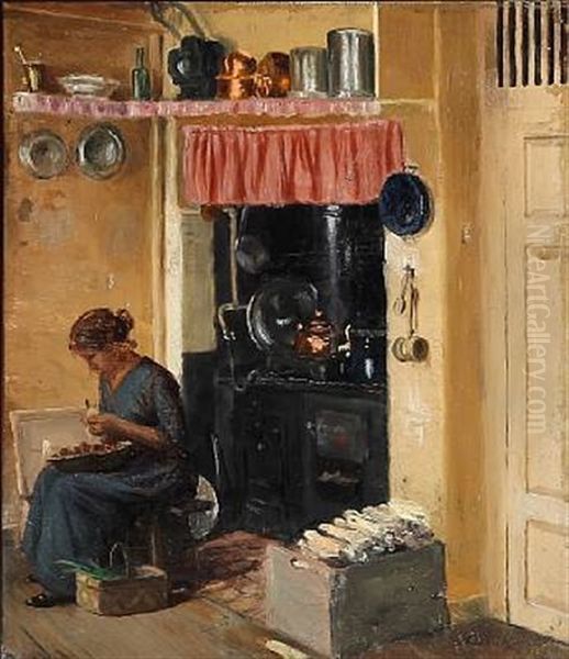Kitchen Interior With A Woman Oil Painting by Karl Harald Alfred Broge
