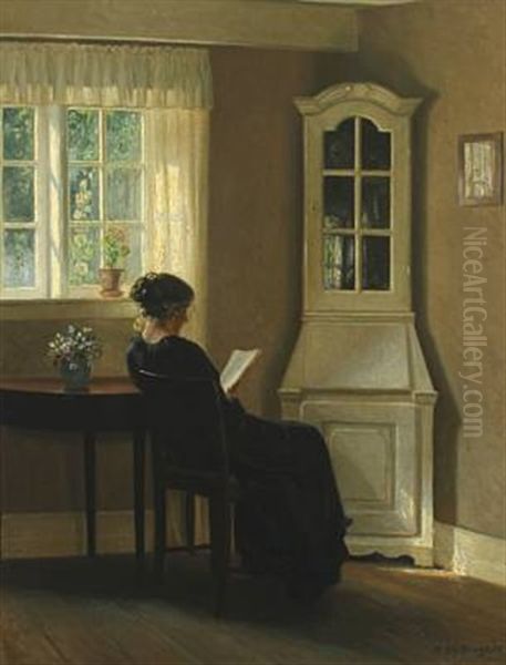 Interior With Reading Woman Oil Painting by Karl Harald Alfred Broge