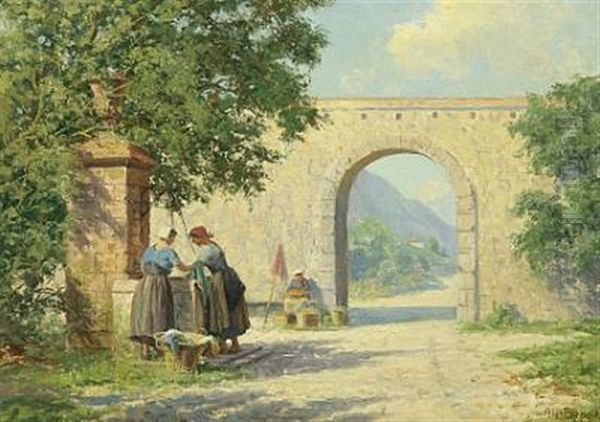 Italian Landscape With Women By The Well Oil Painting by Karl Harald Alfred Broge