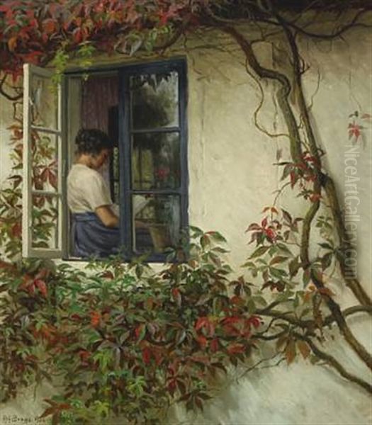 A Young Woman At The Windowsill Oil Painting by Karl Harald Alfred Broge