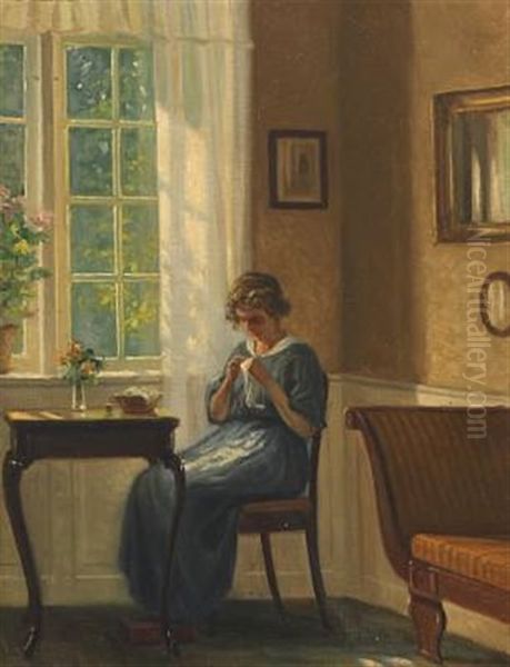 Interior With Sewing Woman By Window Oil Painting by Karl Harald Alfred Broge