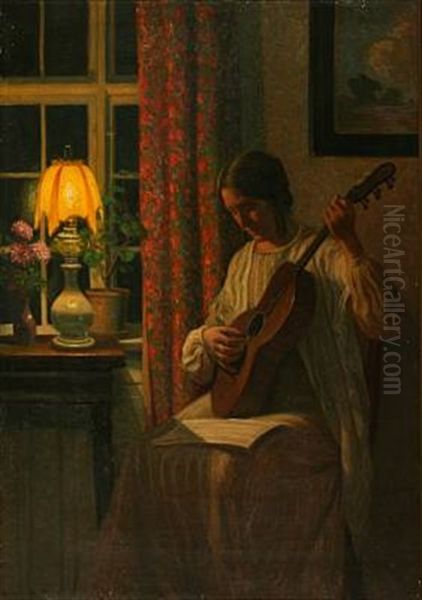 Drawing Room Interior With A Woman Playing Guitar Oil Painting by Karl Harald Alfred Broge