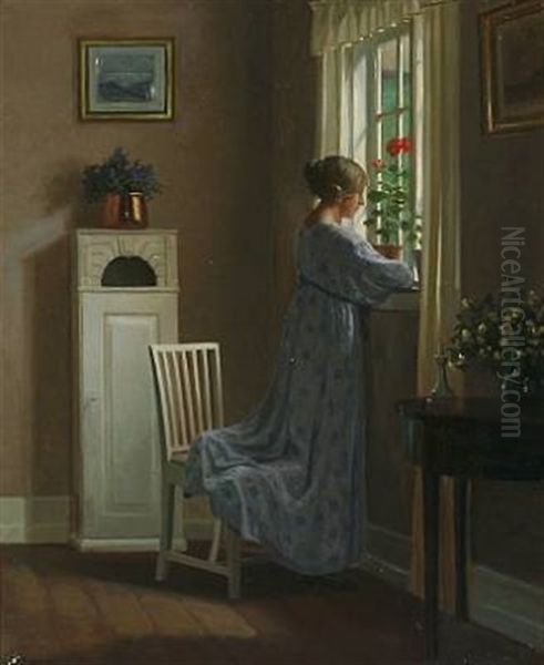Interior With A Young Female Oil Painting by Karl Harald Alfred Broge