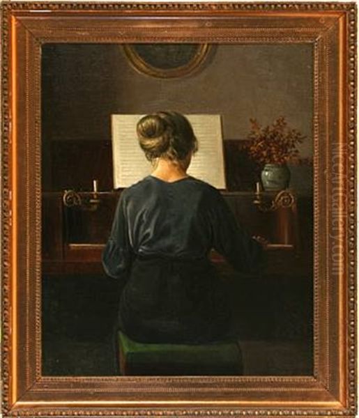 Interior With A Woman Playing The Piano Oil Painting by Karl Harald Alfred Broge