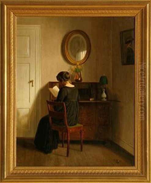 Interior With A Woman Sitting At The Bureau Oil Painting by Karl Harald Alfred Broge