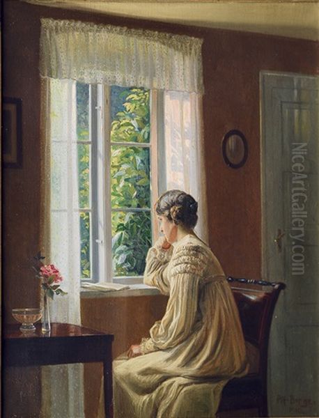 Young Woman At The Window Oil Painting by Karl Harald Alfred Broge