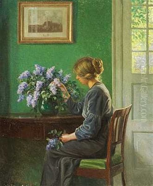 Interior Med En Ung Pige Der Arrangerer Syrener I En Vase Oil Painting by Karl Harald Alfred Broge
