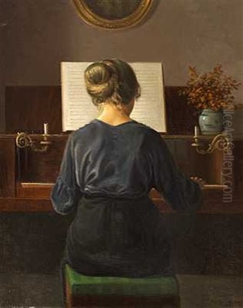 Rygvendt Klaverspillende Ung Pige Oil Painting by Karl Harald Alfred Broge