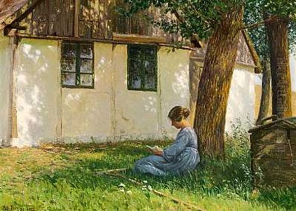 Sommerdag Med En Ung Pige Der Laeser I Skyggen Af Et Trae Oil Painting by Karl Harald Alfred Broge